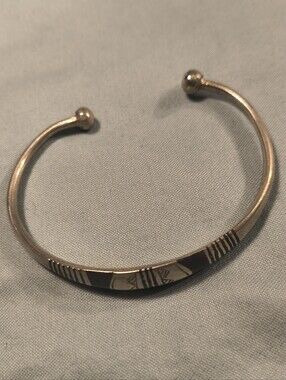 Vintage African Artisan Brass Torque Cuff Bracelet Ebony Horn Inlay Boho